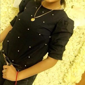 Navy Blue Blouse w/ pearls